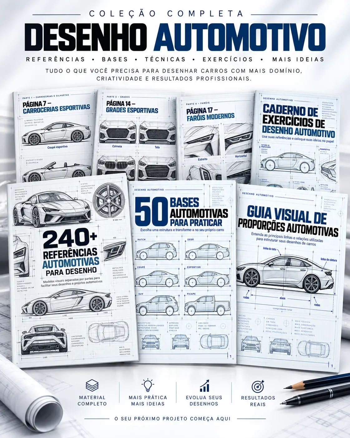 Coleção completa de referências, bases, técnicas e exercícios para desenho automotivo